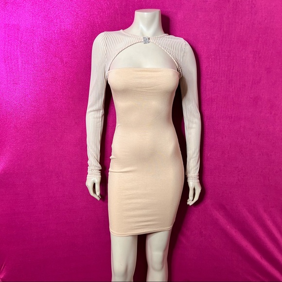 SOLD/Nude Mesh Sleeve Detail Dress with Diamond Brooch Ribbed Bodycon Dress - Picture 6 of 16